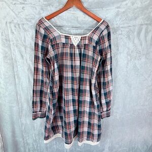 Plaid Lace Trim Tunic Dress Square Neck Long Sleeve Size Small with pockets
